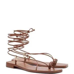 Larroude Portofino Flat Sandals in Caramel Leather 6 With Box Womens Wrap