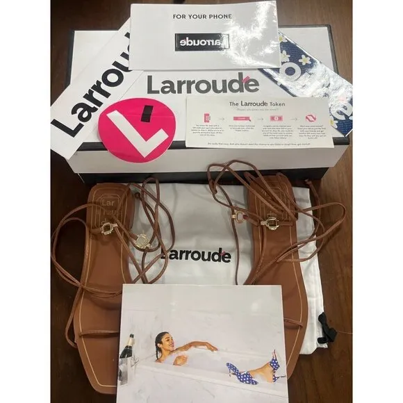 Larroude Portofino Flat Sandals in Caramel Leather 6 With Box Womens Wrap