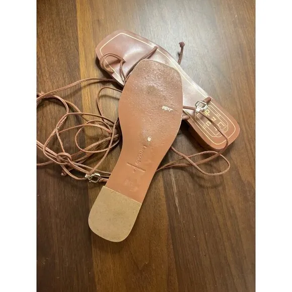 Larroude Portofino Flat Sandals in Caramel Leather 6 With Box Womens Wrap