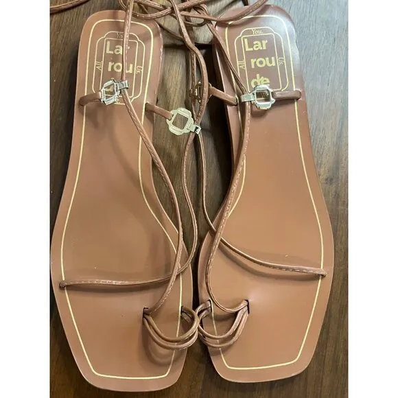 Larroude Portofino Flat Sandals in Caramel Leather 6 With Box Womens Wrap