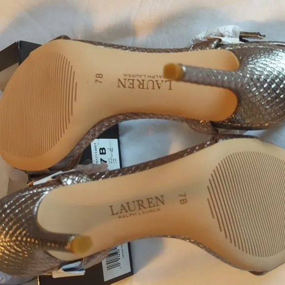 Lauren Ralph Lauren 7B snakeskin, genuine, leather, silver high heel sandals
