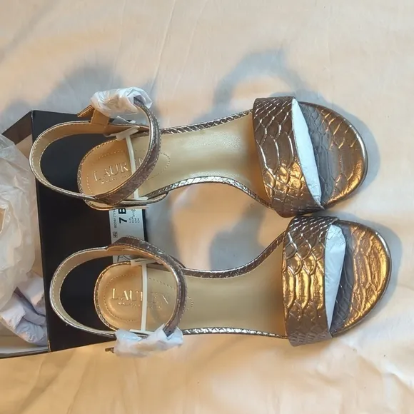 Lauren Ralph Lauren 7B snakeskin, genuine, leather, silver high heel sandals