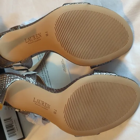 Lauren Ralph Lauren 7B snakeskin, genuine, leather, silver high heel sandals