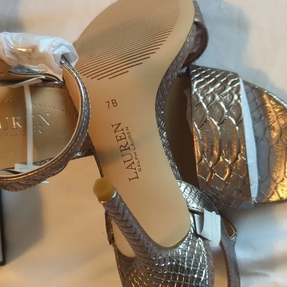 Lauren Ralph Lauren 7B snakeskin, genuine, leather, silver high heel sandals