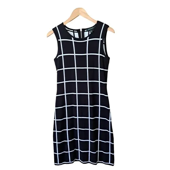 Lauren Ralph Lauren Black Crewneck Windowpane Check Knit Dress Size Small