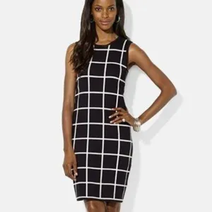 Lauren Ralph Lauren Black Crewneck Windowpane Check Knit Dress Size Small