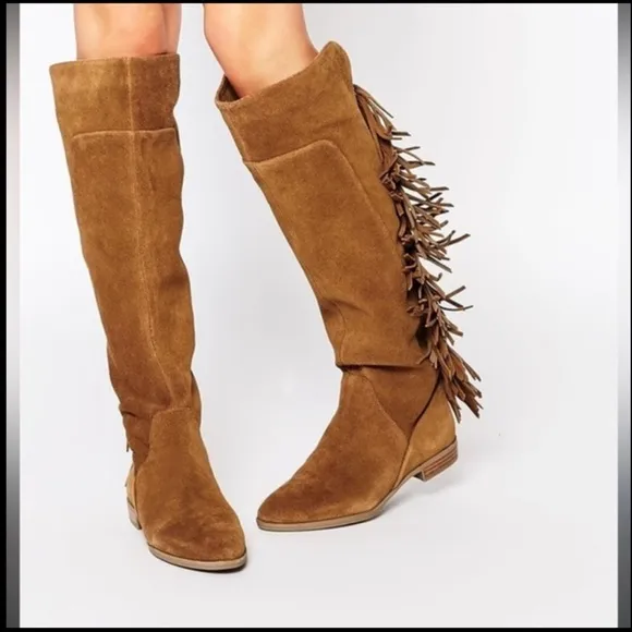 Lavorazione Artigiana Italian Brown Suede Leather Fringe Over Knee Boots sz 37