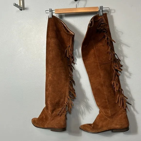 Lavorazione Artigiana Italian Brown Suede Leather Fringe Over Knee Boots sz 37