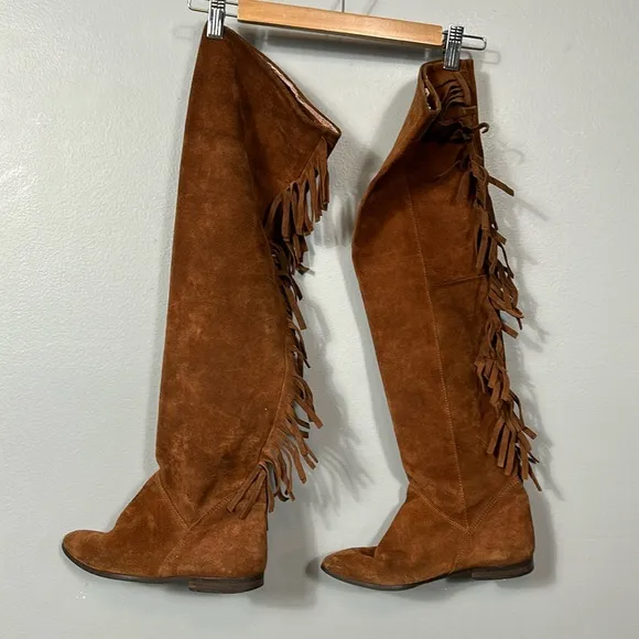 Lavorazione Artigiana Italian Brown Suede Leather Fringe Over Knee Boots sz 37