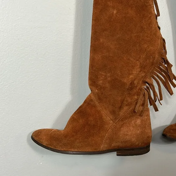 Lavorazione Artigiana Italian Brown Suede Leather Fringe Over Knee Boots sz 37