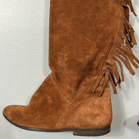 Lavorazione Artigiana Italian Brown Suede Leather Fringe Over Knee Boots sz 37