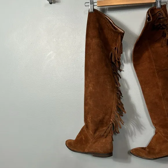 Lavorazione Artigiana Italian Brown Suede Leather Fringe Over Knee Boots sz 37