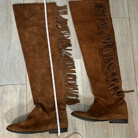 Lavorazione Artigiana Italian Brown Suede Leather Fringe Over Knee Boots sz 37