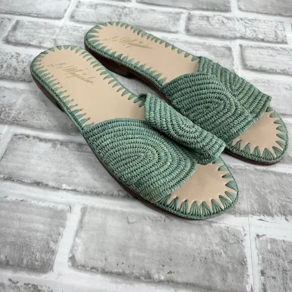 Le Mogador Raffia Women's Size 9.5/10 Turquoise Green Flat Slide Sandals RARE