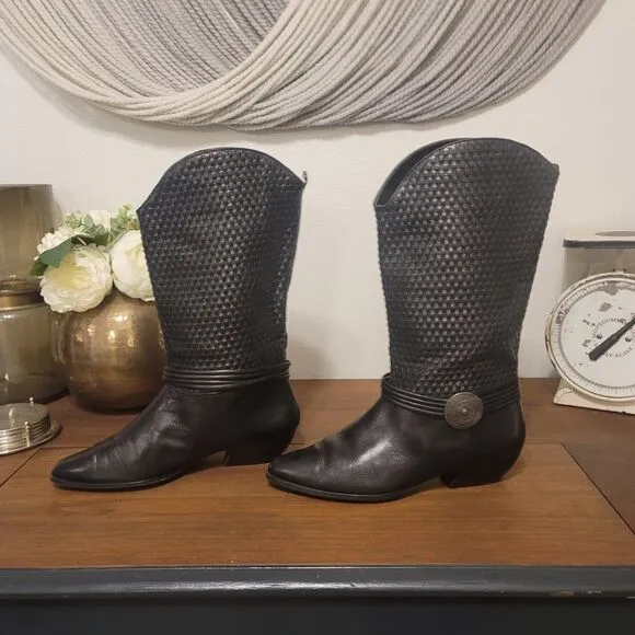 Leather Woven Boots with Buckle Detail Sz 8