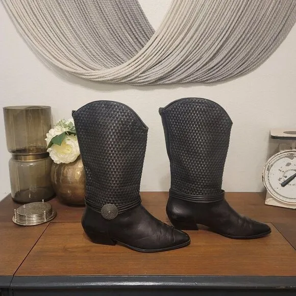 Leather Woven Boots with Buckle Detail Sz 8