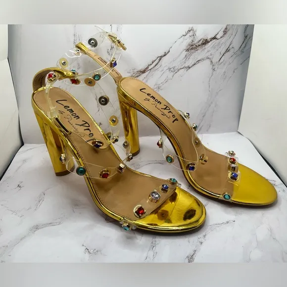 Lemon Drop by Privilege Strappy Gold Sandals High Heel W/Stones Size‎ 8.5