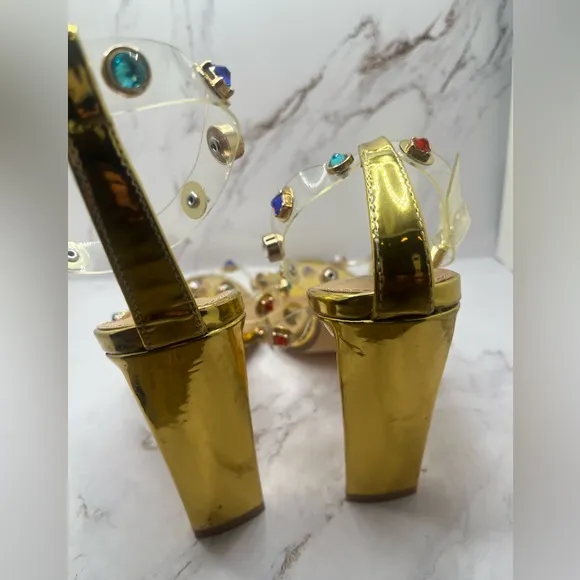 Lemon Drop by Privilege Strappy Gold Sandals High Heel W/Stones Size‎ 8.5