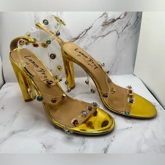 Lemon Drop by Privilege Strappy Gold Sandals High Heel W/Stones Size‎ 8.5
