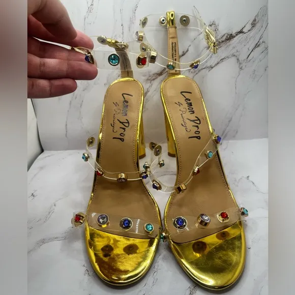 Lemon Drop by Privilege Strappy Gold Sandals High Heel W/Stones Size‎ 8.5