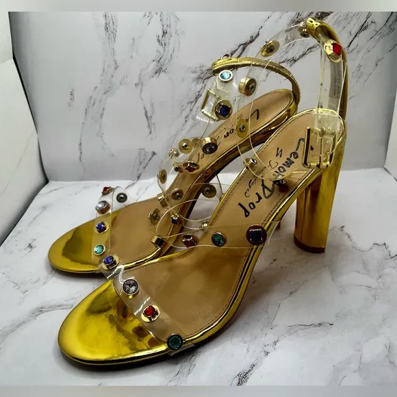 Lemon Drop by Privilege Strappy Gold Sandals High Heel W/Stones Size‎ 8.5