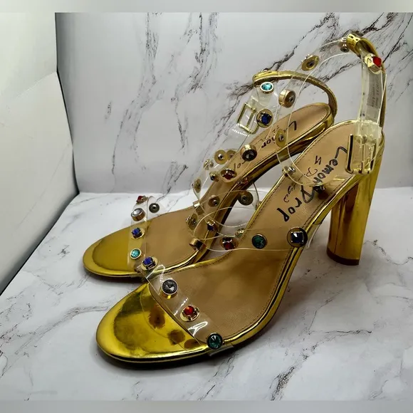 Lemon Drop by Privilege Strappy Gold Sandals High Heel W/Stones Size‎ 8.5