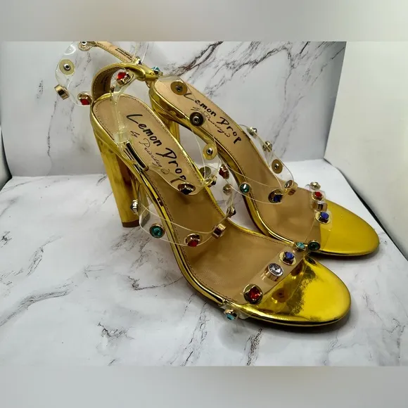 Lemon Drop by Privilege Strappy Gold Sandals High Heel W/Stones Size‎ 8.5