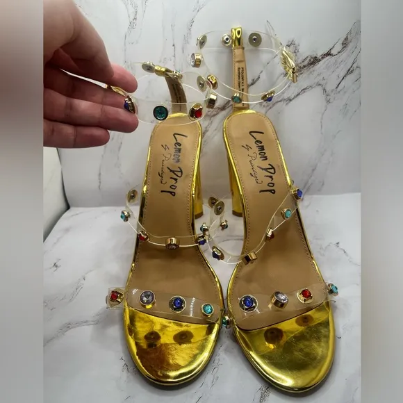 Lemon Drop by Privilege Strappy Gold Sandals High Heel W/Stones Size‎ 8.5