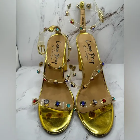Lemon Drop by Privilege Strappy Gold Sandals High Heel W/Stones Size‎ 8.5
