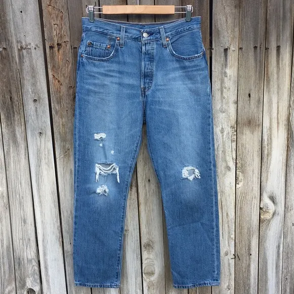 Levi’s 501 Original High Rise Straight Leg Distressed Crop Jean Sansome Blue 28