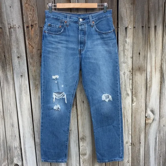 Levi’s 501 Original High Rise Straight Leg Distressed Crop Jean Sansome Blue 28