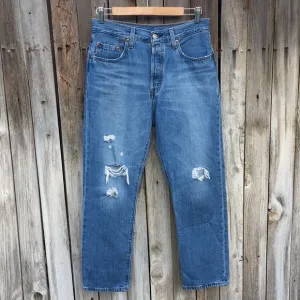 Levi’s 501 Original High Rise Straight Leg Distressed Crop Jean Sansome Blue 28