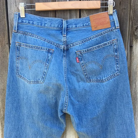 Levi’s 501 Original High Rise Straight Leg Distressed Crop Jean Sansome Blue 28