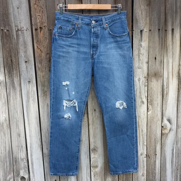 Levi’s 501 Original High Rise Straight Leg Distressed Crop Jean Sansome Blue 28