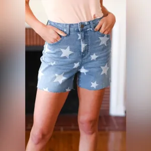 Light Wash Star Print High Rise Denim Shorts