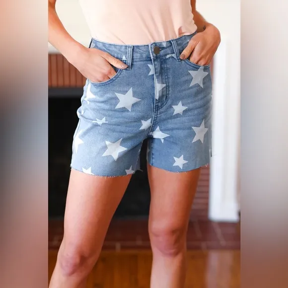 Light Wash Star Print High Rise Denim Shorts