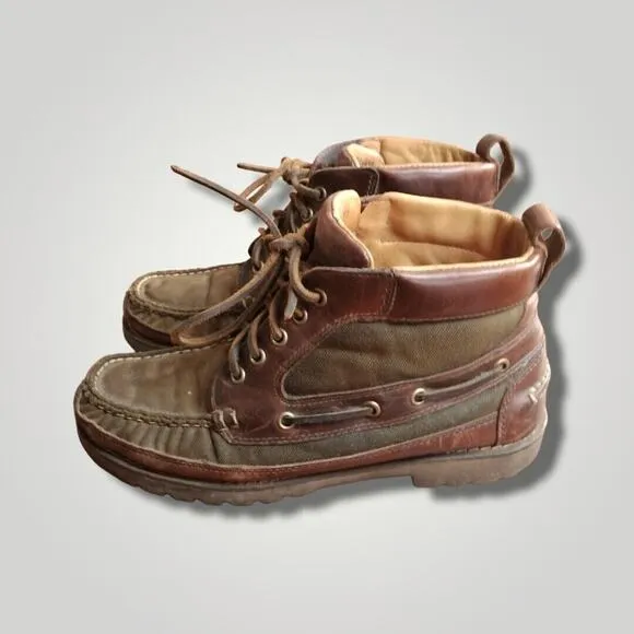 LL Bean Men's Allagash Brown Leather/Green Canvas Chukka Boots Size 8D