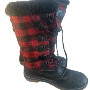 LL Bean Rangeley Boots Red Black Buffalo Plaid Faux Fur Classic Preppy womens 7