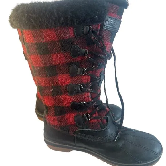 LL Bean Rangeley Boots Red Black Buffalo Plaid Faux Fur Classic Preppy womens 7