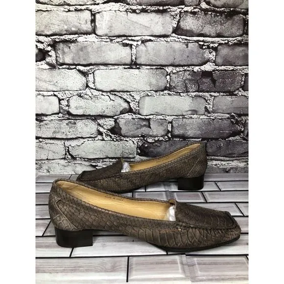 Lloyd Germany Vibram Bronze Shimmer Leather SnakeSkin Heel Loafers Women Sz 41EU