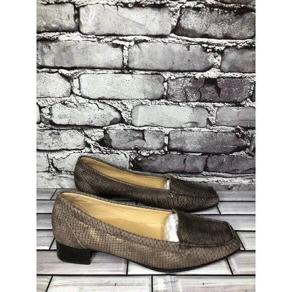 Lloyd Germany Vibram Bronze Shimmer Leather SnakeSkin Heel Loafers Women Sz 41EU