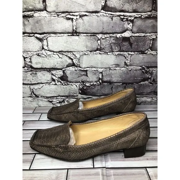 Lloyd Germany Vibram Bronze Shimmer Leather SnakeSkin Heel Loafers Women Sz 41EU
