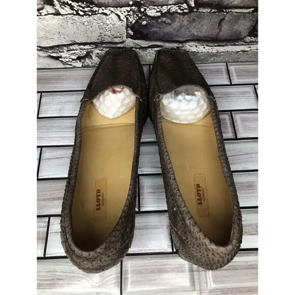 Lloyd Germany Vibram Bronze Shimmer Leather SnakeSkin Heel Loafers Women Sz 41EU