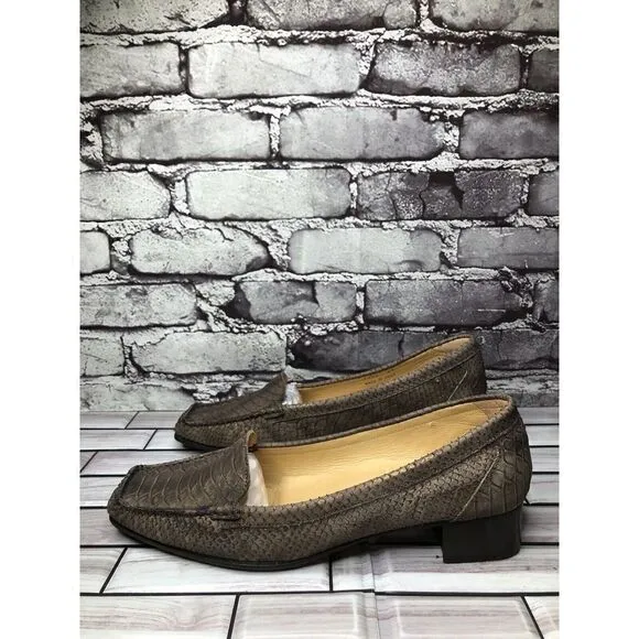 Lloyd Germany Vibram Bronze Shimmer Leather SnakeSkin Heel Loafers Women Sz 41EU