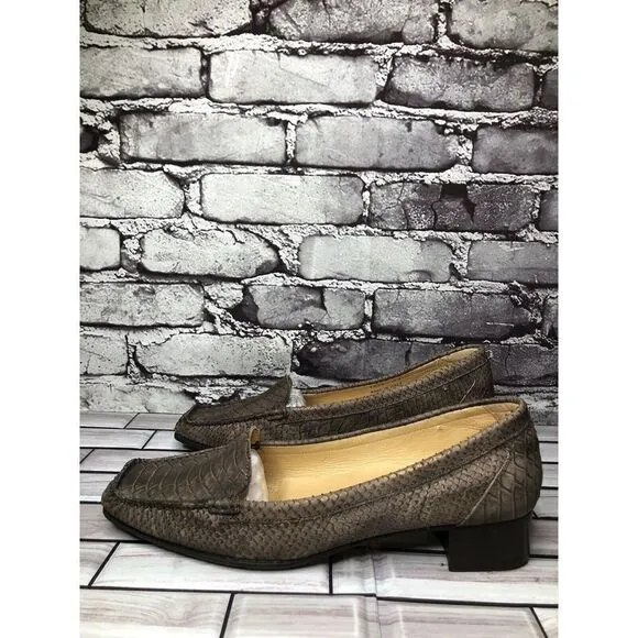 Lloyd Germany Vibram Bronze Shimmer Leather SnakeSkin Heel Loafers Women Sz 41EU