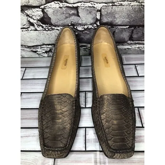 Lloyd Germany Vibram Bronze Shimmer Leather SnakeSkin Heel Loafers Women Sz 41EU