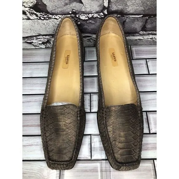 Lloyd Vibram Bronze Shimmer Leather SnakeSkin Designer Loafers Women Sz 41EU/10M