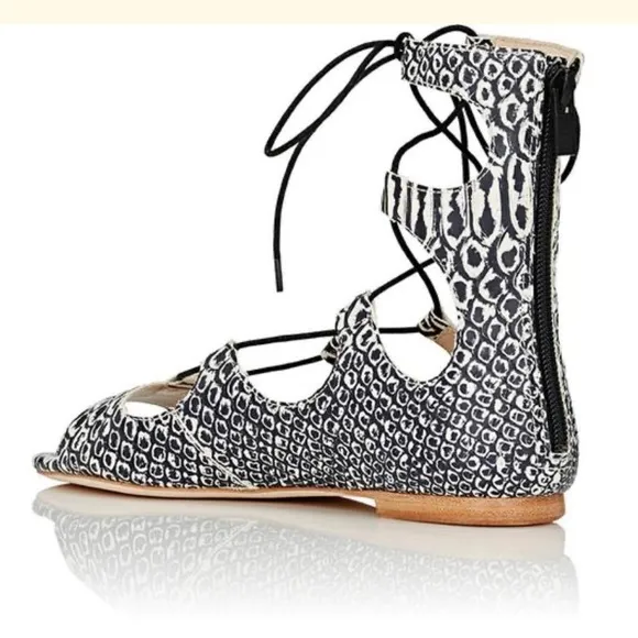 LOEFFLER RANDALL Dani Embossed Leather Lace-Up Flat Sandals Size 6.5 NWT