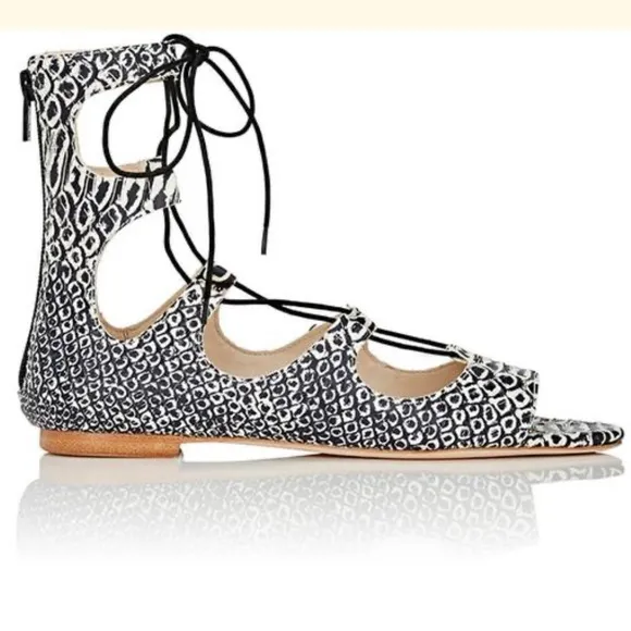 LOEFFLER RANDALL Dani Embossed Leather Lace-Up Flat Sandals Size 6.5 NWT