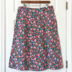 Loft Bright Daisy Linen Blend High Waisted Side Slit A-Line Midi Skirt Pink 12P